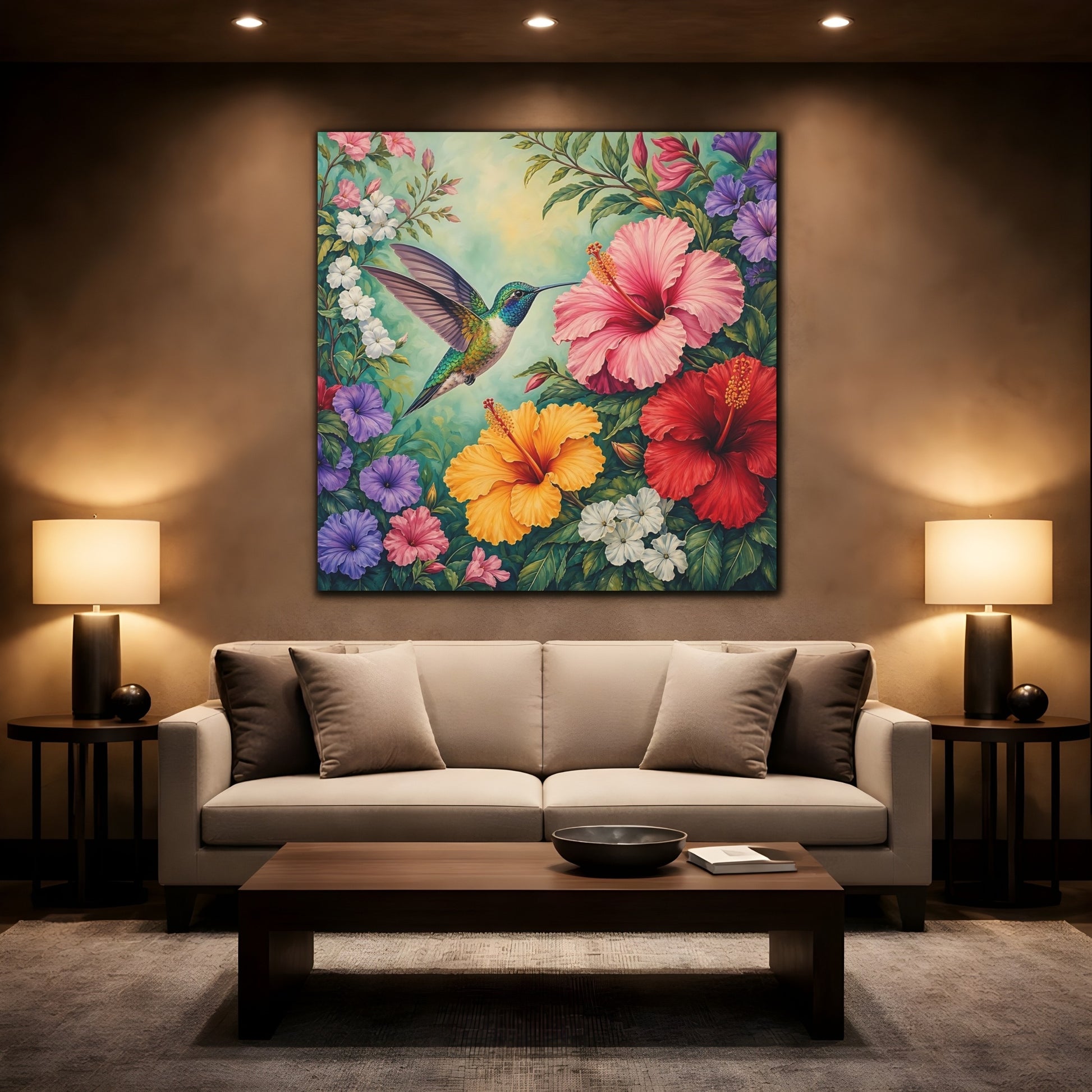 Mockup 2. Nature Hummingbird Colorful Hummingbird shown as stretched canvas wall art