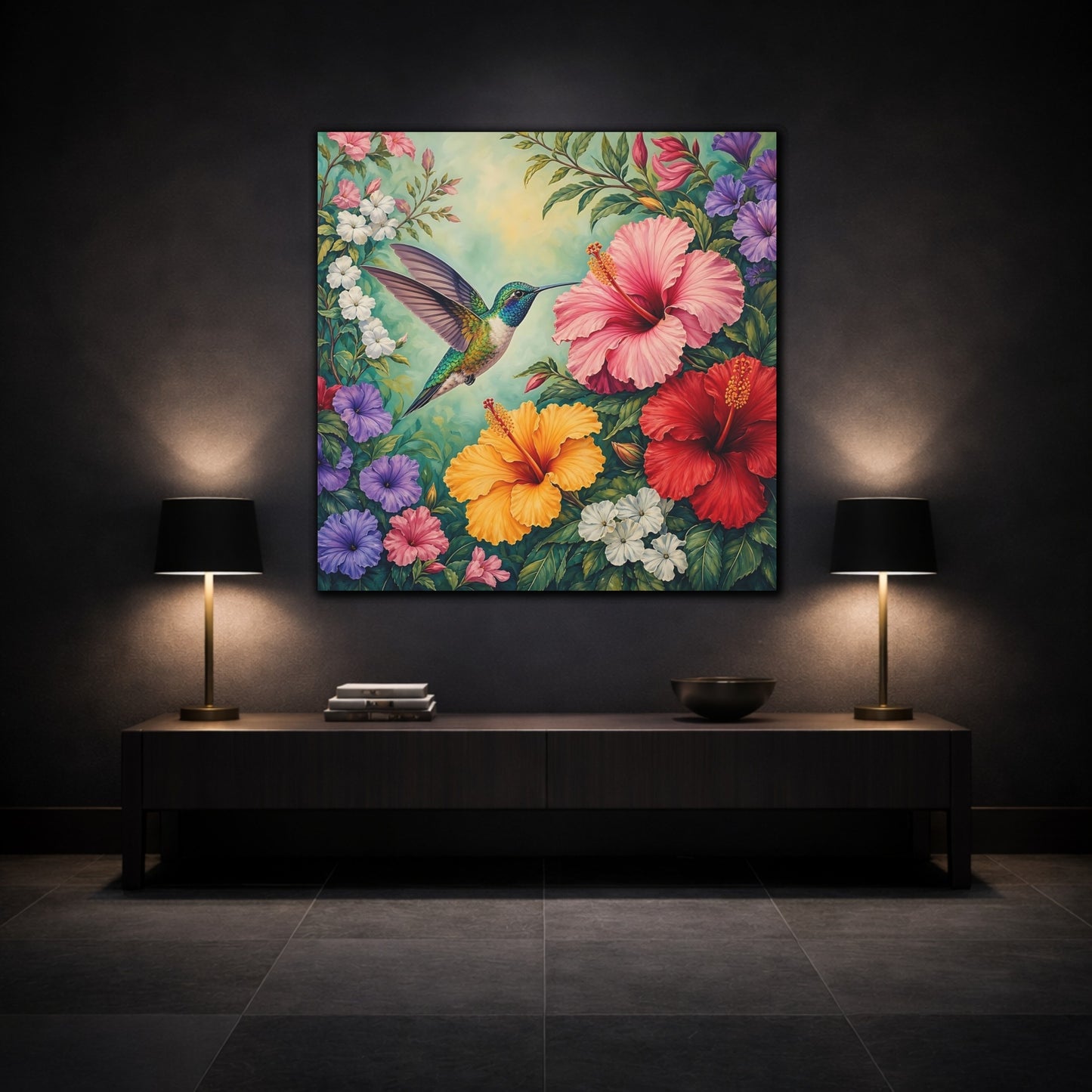 Mockup 3. Nature Hummingbird Colorful Hummingbird shown as stretched canvas wall art