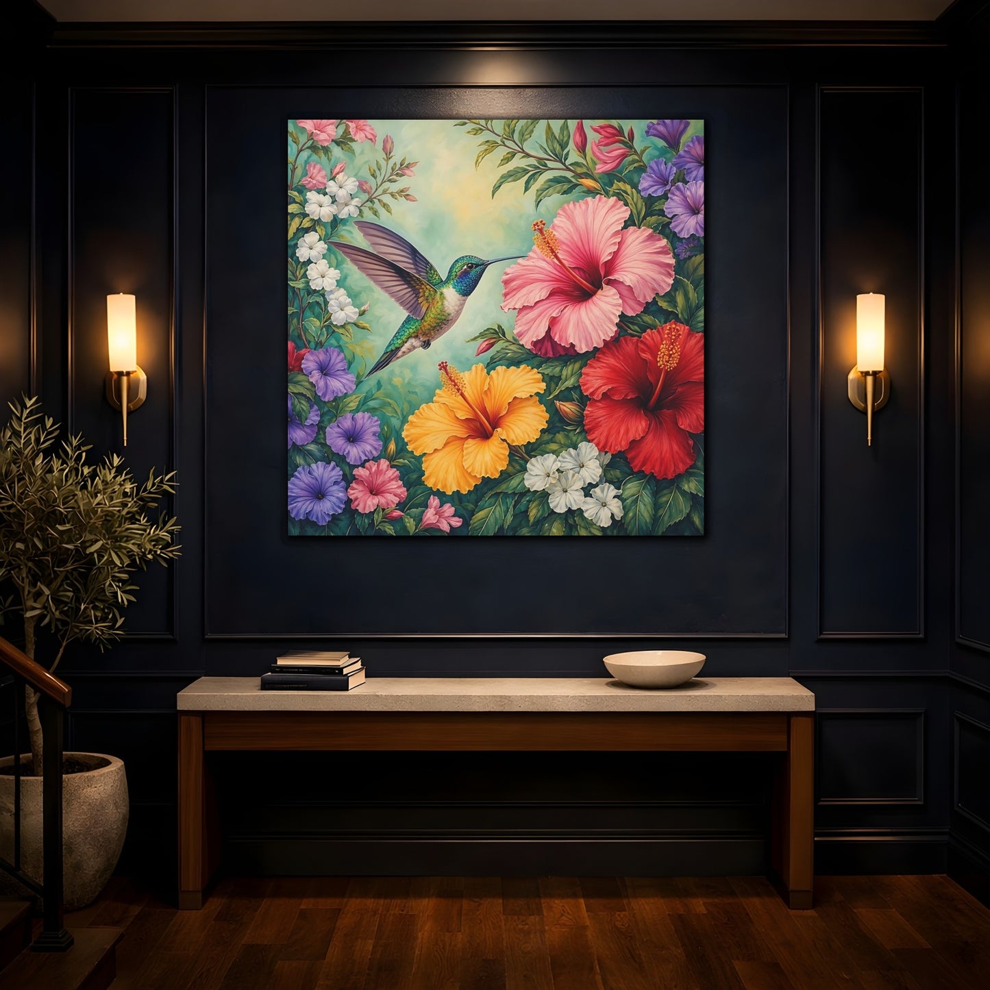 Mockup 4. Nature Hummingbird Colorful Hummingbird shown as stretched canvas wall art
