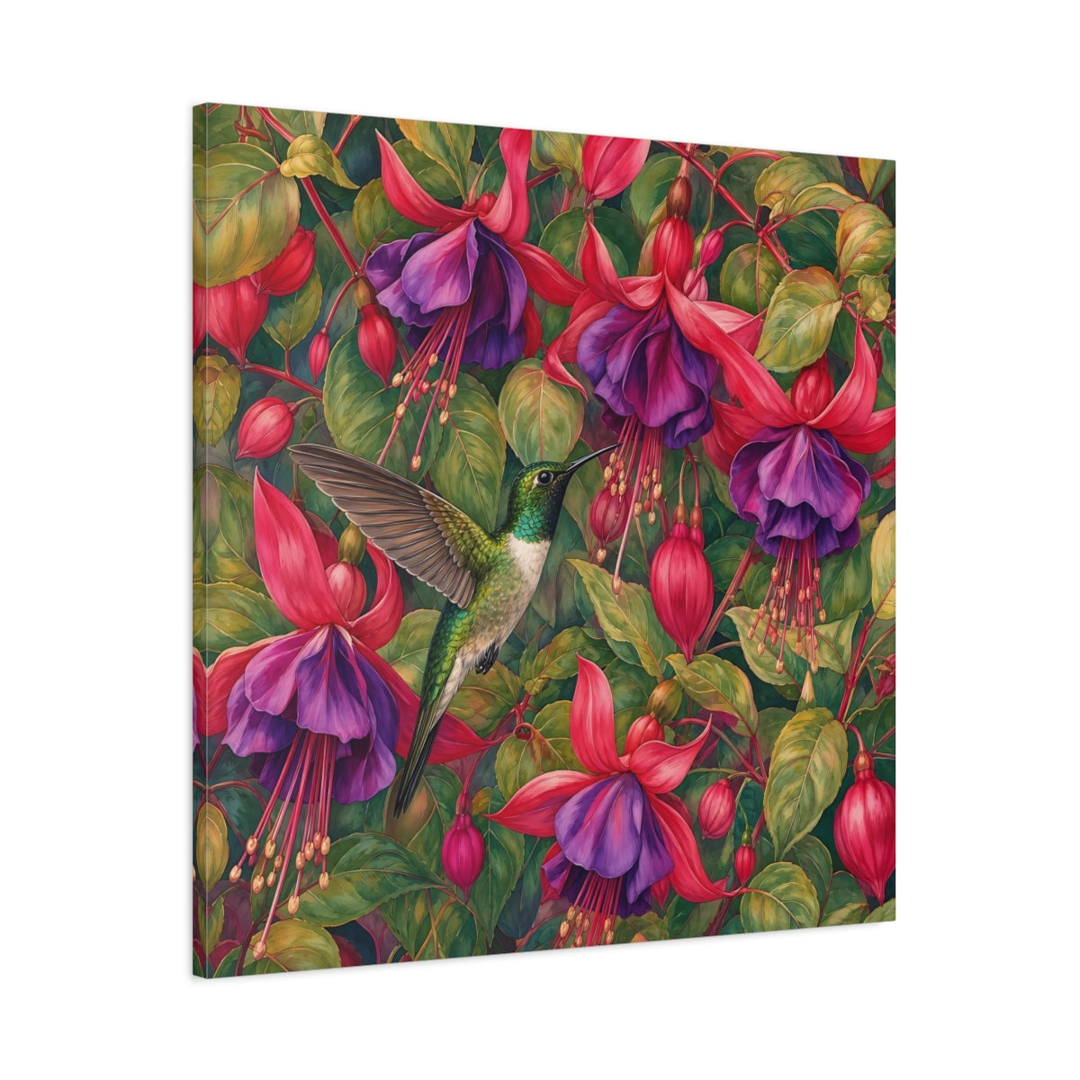 Main Mockup. Nature Hummingbird Green Pink Floral shown as stretched canvas wall art
