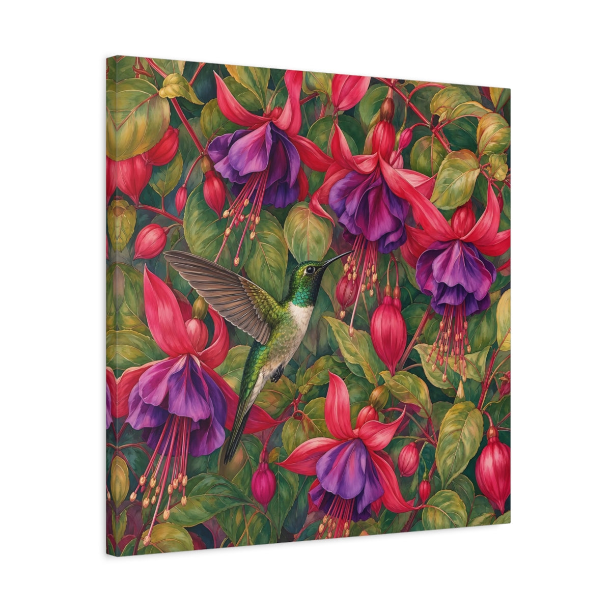 Side Mockup 4. Nature Hummingbird Green Pink Floral shown as stretched canvas wall art