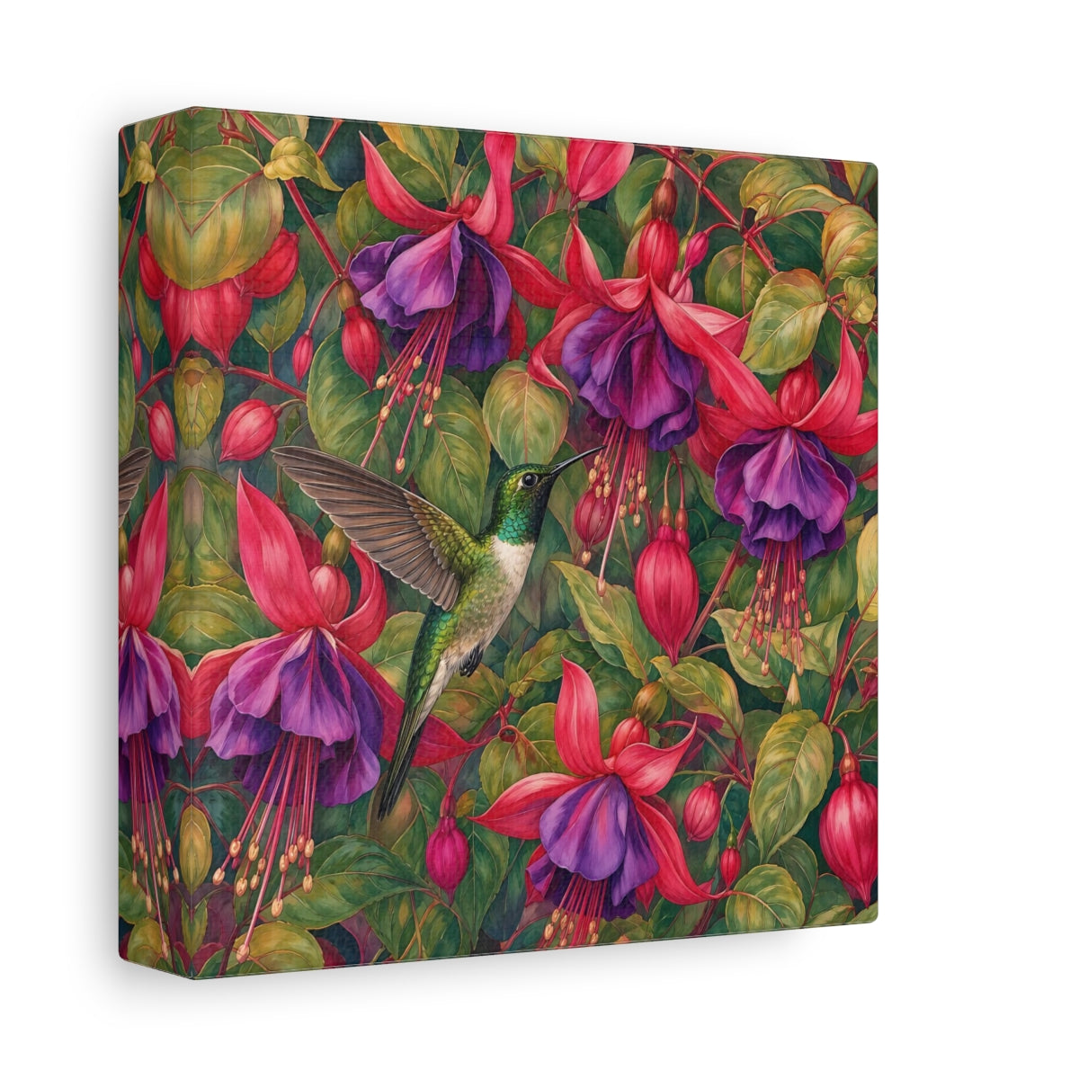 Side Mockup 2. Nature Hummingbird Green Pink Floral shown as stretched canvas wall art