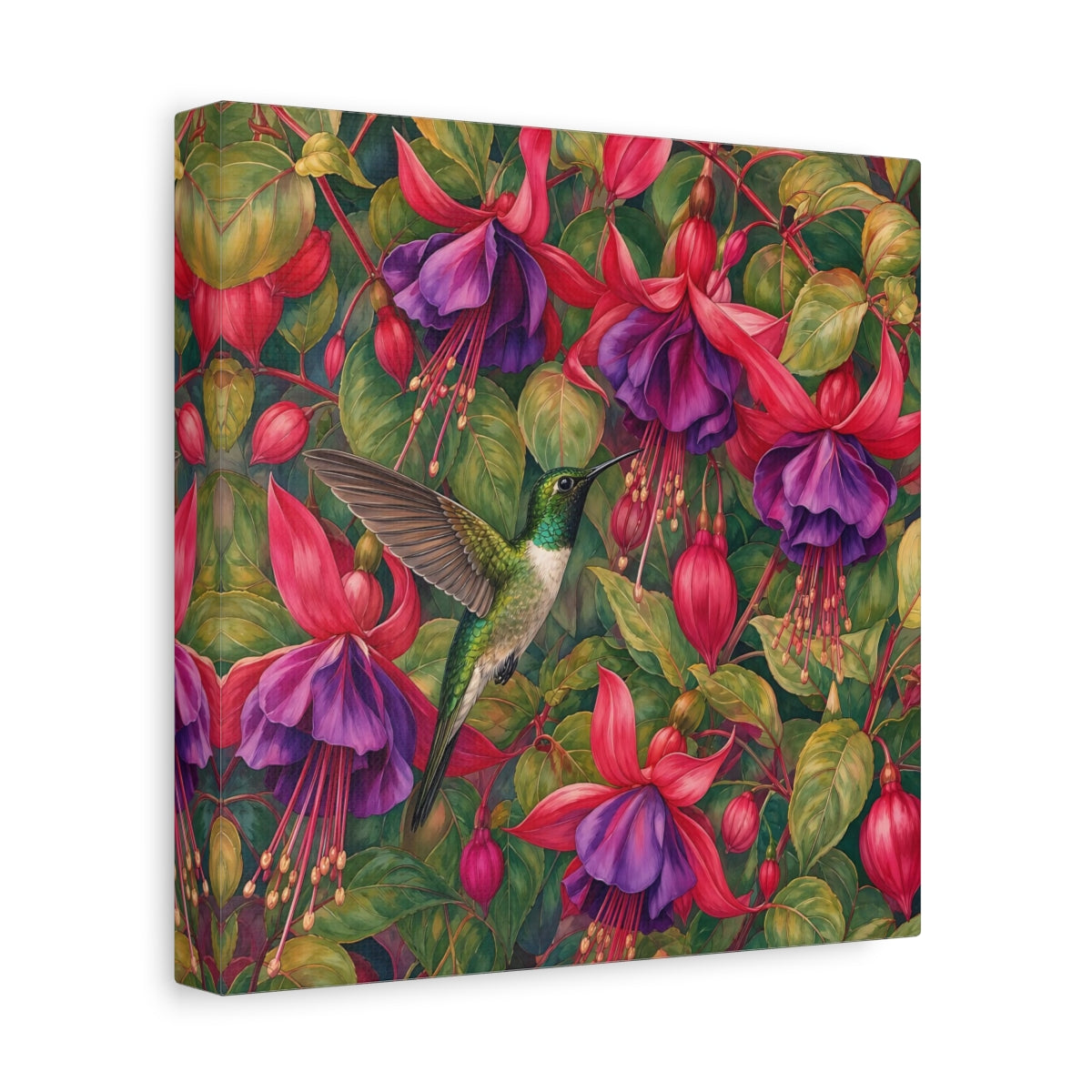 Side Mockup 9. Nature Hummingbird Green Pink Floral shown as stretched canvas wall art