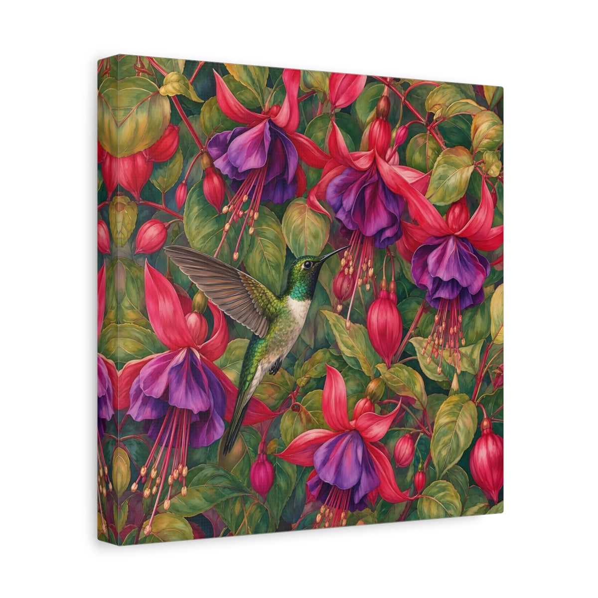 Side Mockup 8. Nature Hummingbird Green Pink Floral shown as stretched canvas wall art