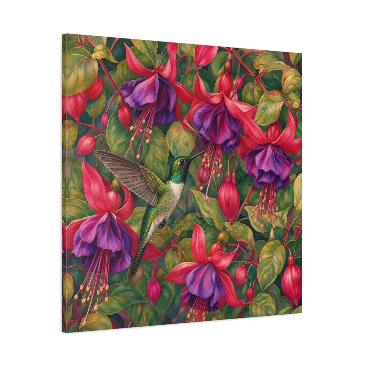 Side Mockup 1. Nature Hummingbird Green Pink Floral shown as stretched canvas wall art