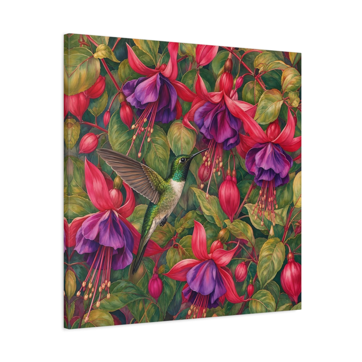 Side Mockup 3. Nature Hummingbird Green Pink Floral shown as stretched canvas wall art
