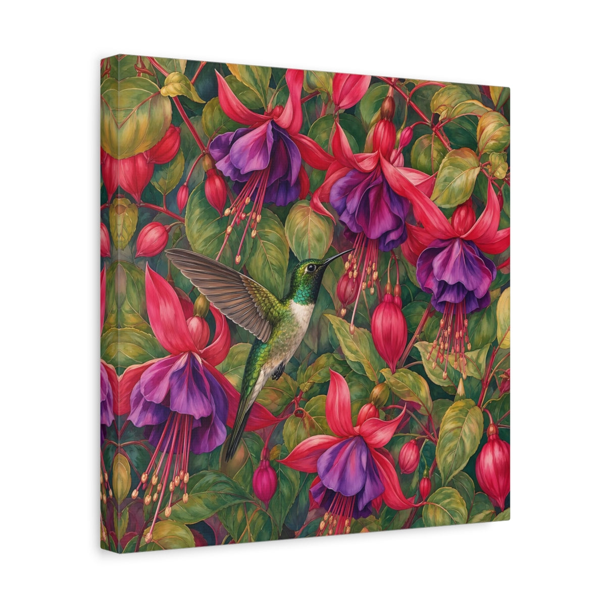 Side Mockup 7. Nature Hummingbird Green Pink Floral shown as stretched canvas wall art
