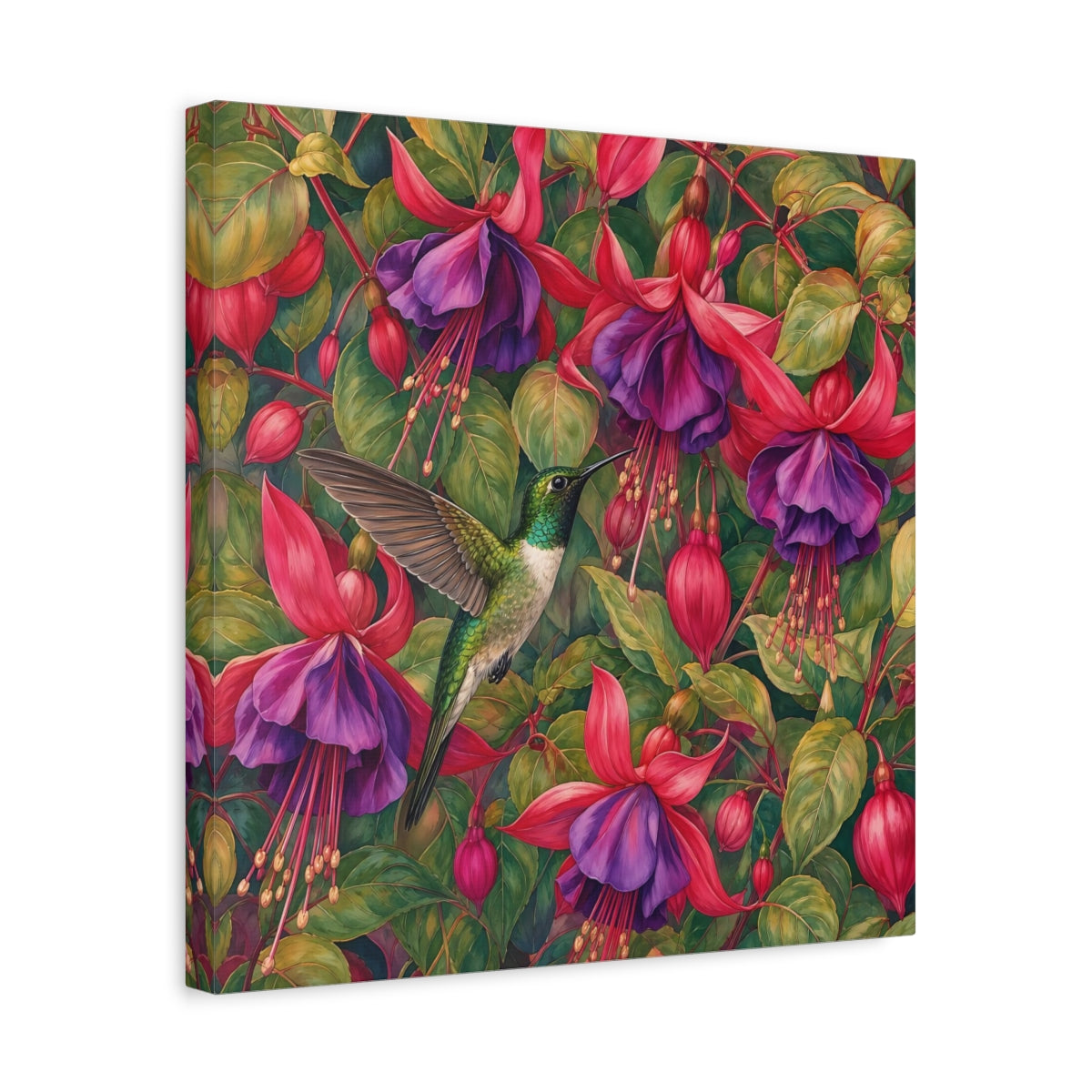 Side Mockup 6. Nature Hummingbird Green Pink Floral shown as stretched canvas wall art