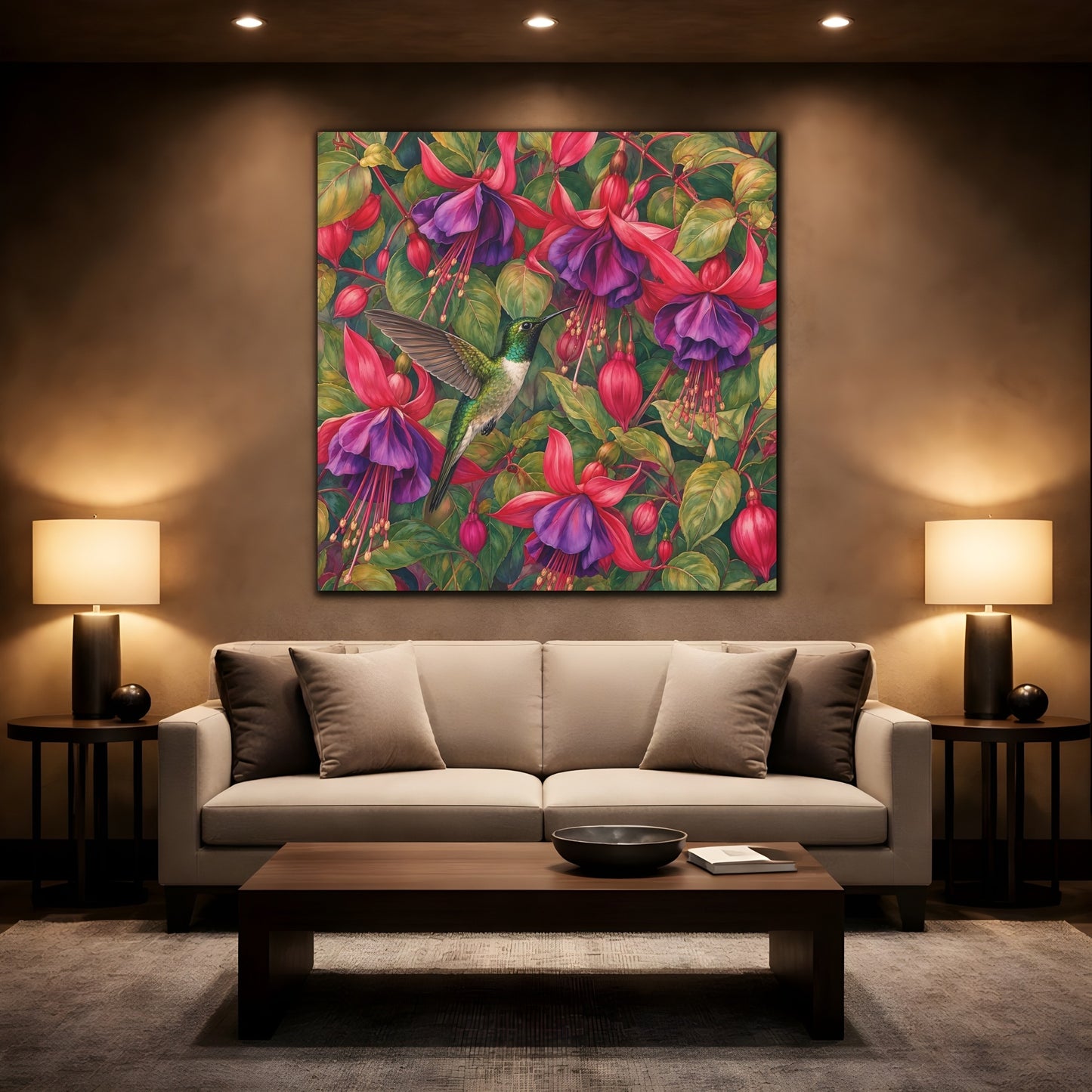 Mockup 2. Nature Hummingbird Green Pink Floral shown as stretched canvas wall art