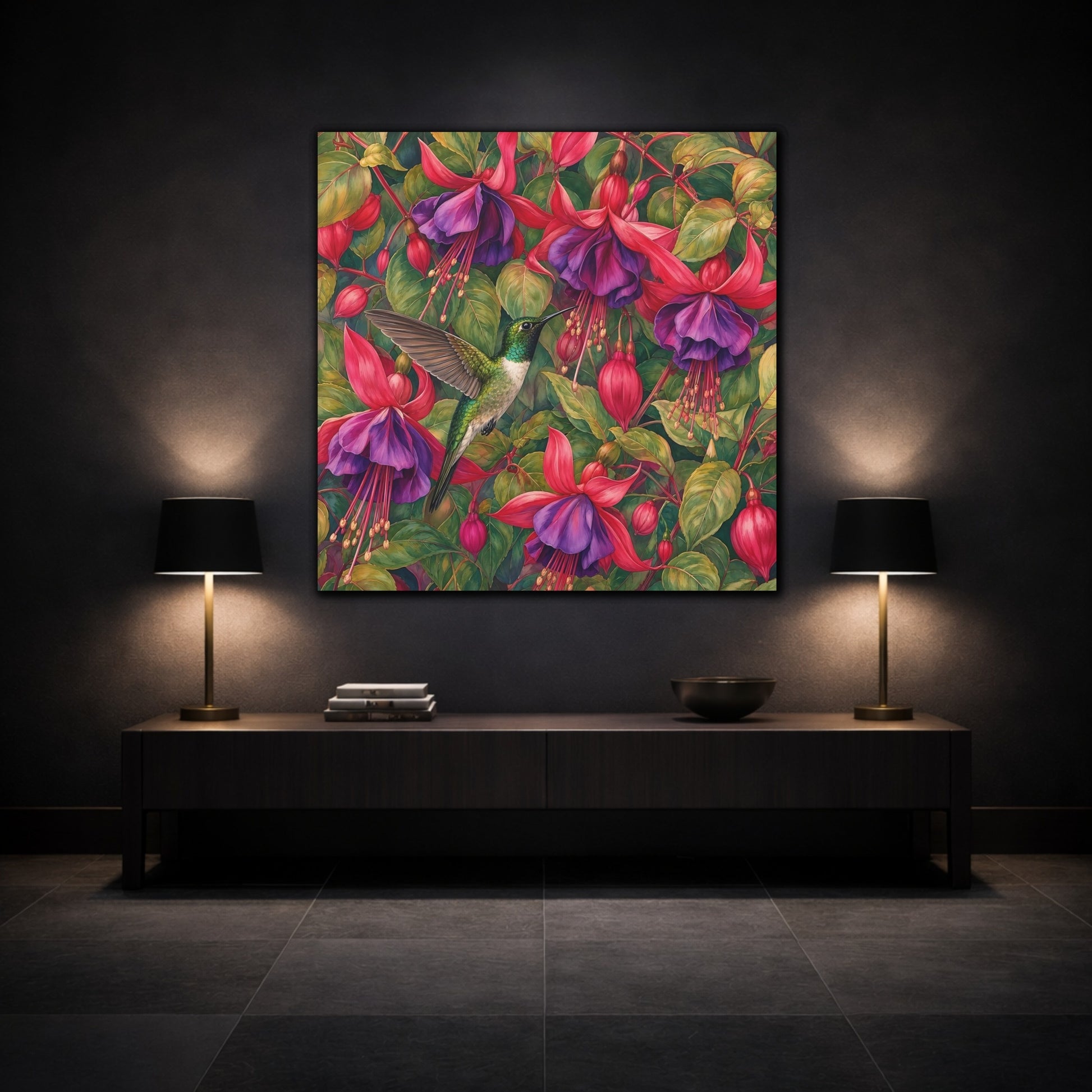 Mockup 3. Nature Hummingbird Green Pink Floral shown as stretched canvas wall art