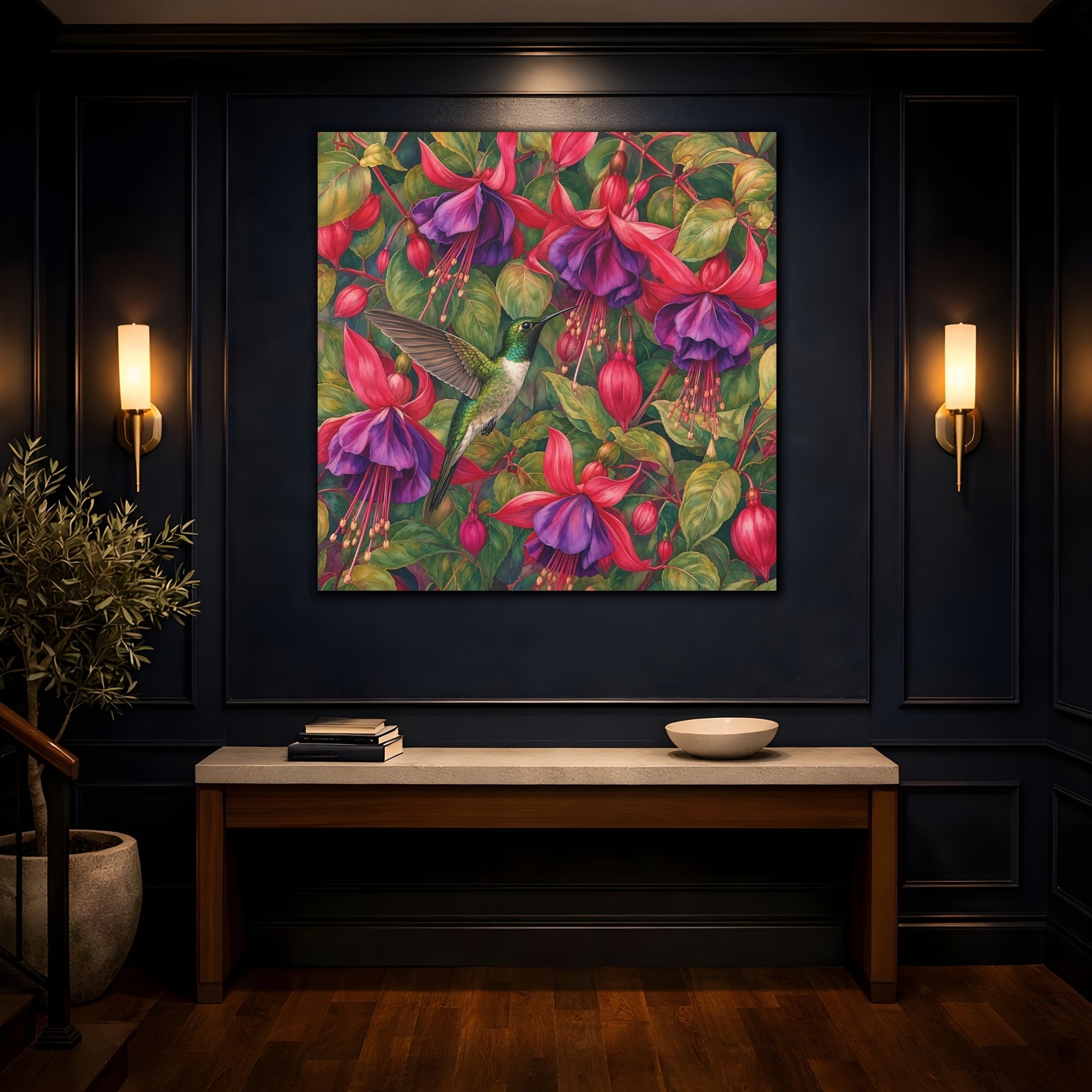 Mockup 4. Nature Hummingbird Green Pink Floral shown as stretched canvas wall art