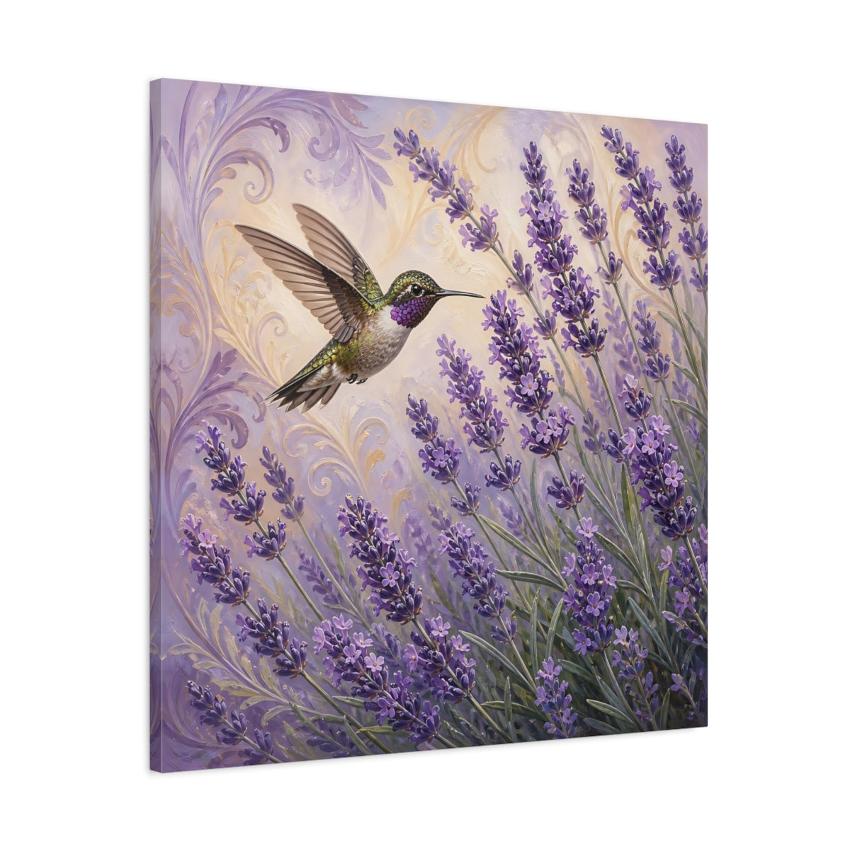 Side Mockup 3. Nature Hummingbird Lavender Purple Lavender Hummingbird shown as stretched canvas wall art