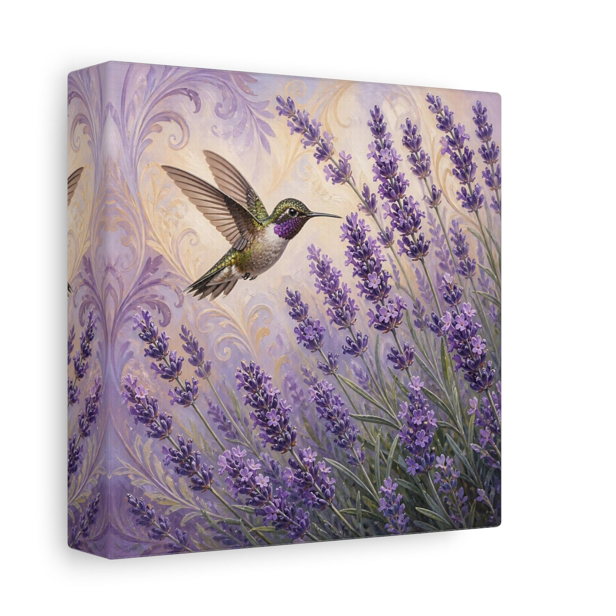 Side Mockup 2. Nature Hummingbird Lavender Purple Lavender Hummingbird shown as stretched canvas wall art