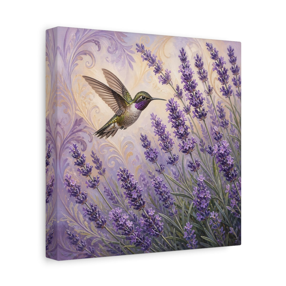 Side Mockup 9. Nature Hummingbird Lavender Purple Lavender Hummingbird shown as stretched canvas wall art