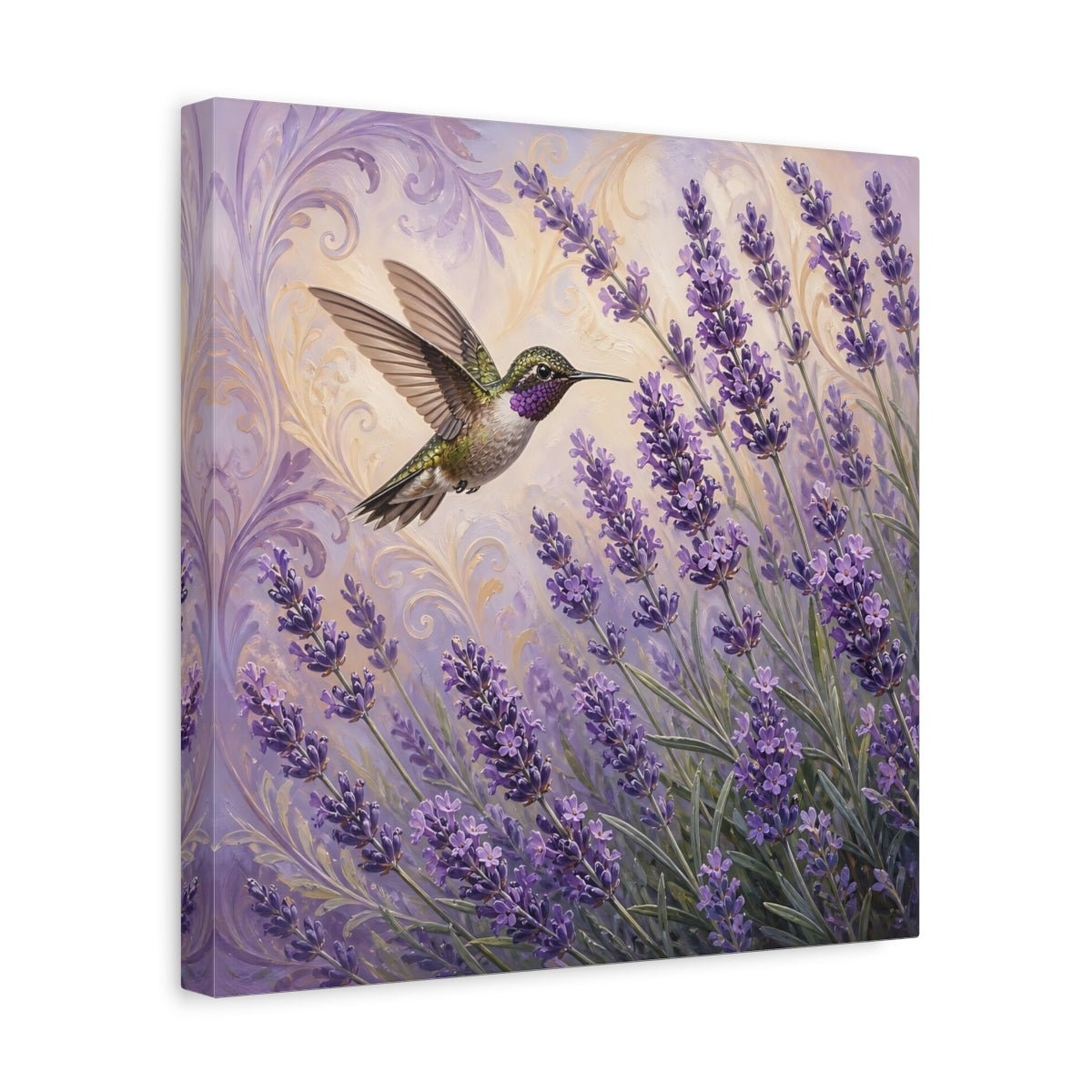 Side Mockup 7. Nature Hummingbird Lavender Purple Lavender Hummingbird shown as stretched canvas wall art