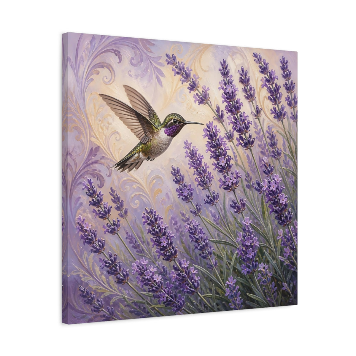 Side Mockup 4. Nature Hummingbird Lavender Purple Lavender Hummingbird shown as stretched canvas wall art