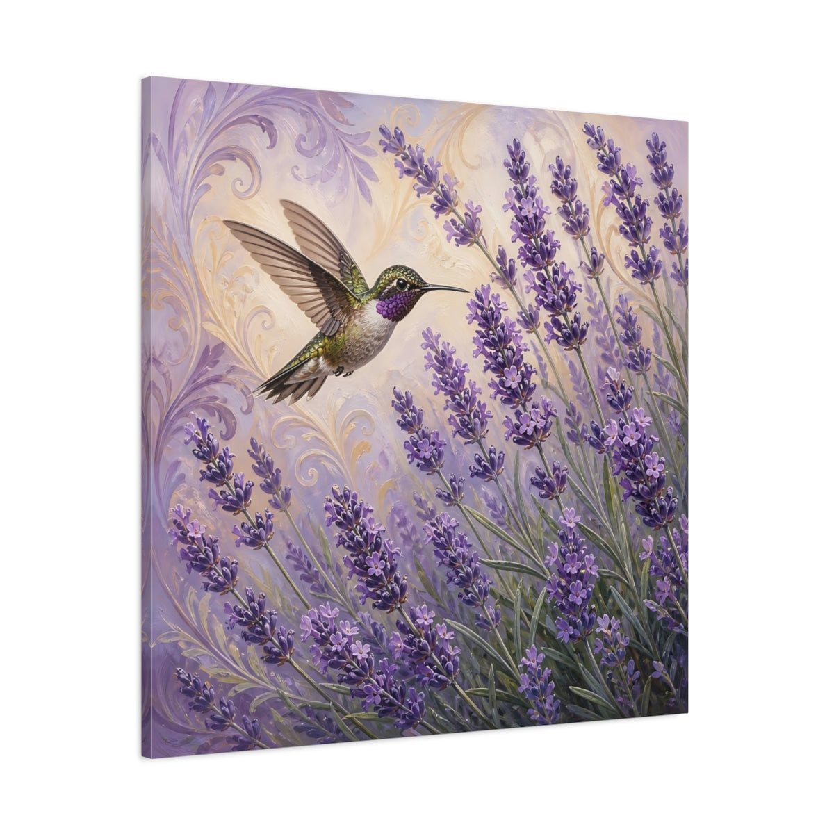 Side Mockup 1. Nature Hummingbird Lavender Purple Lavender Hummingbird shown as stretched canvas wall art