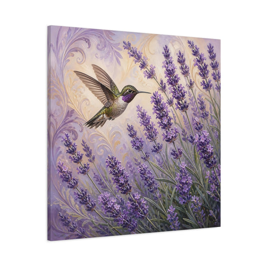 Main Mockup. Nature Hummingbird Lavender Purple Lavender Hummingbird shown as stretched canvas wall art