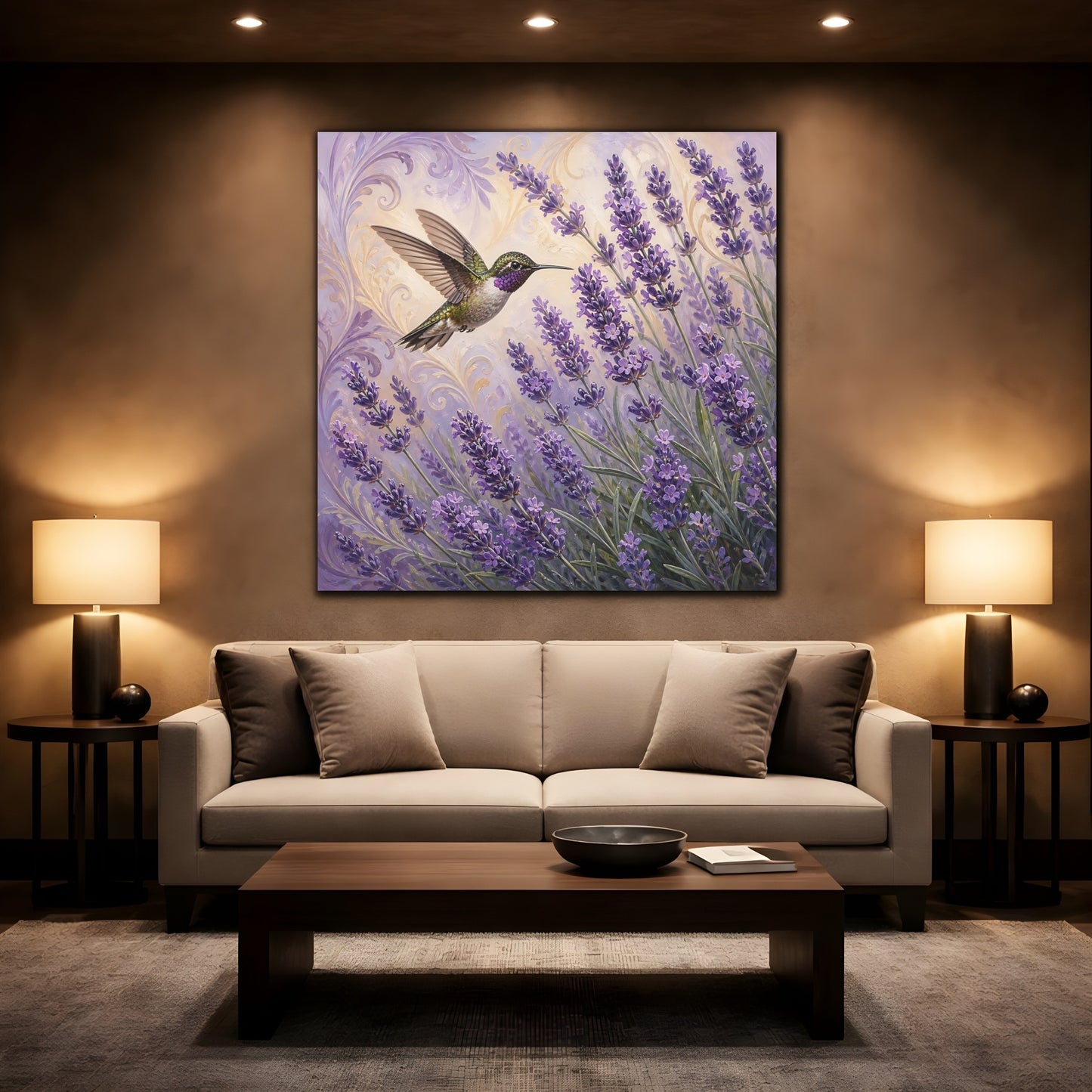 Mockup 2. Nature Hummingbird Lavender Purple Lavender Hummingbird shown as stretched canvas wall art