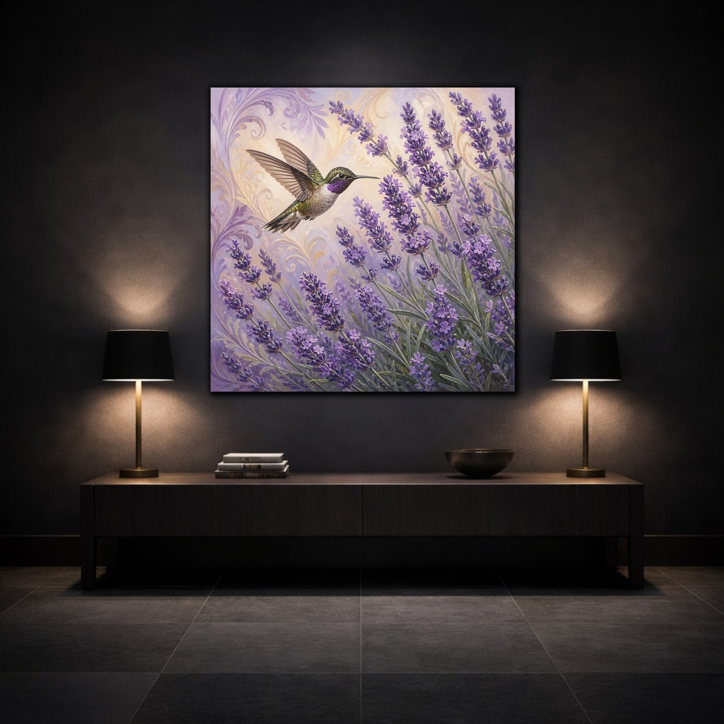 Mockup 3. Nature Hummingbird Lavender Purple Lavender Hummingbird shown as stretched canvas wall art