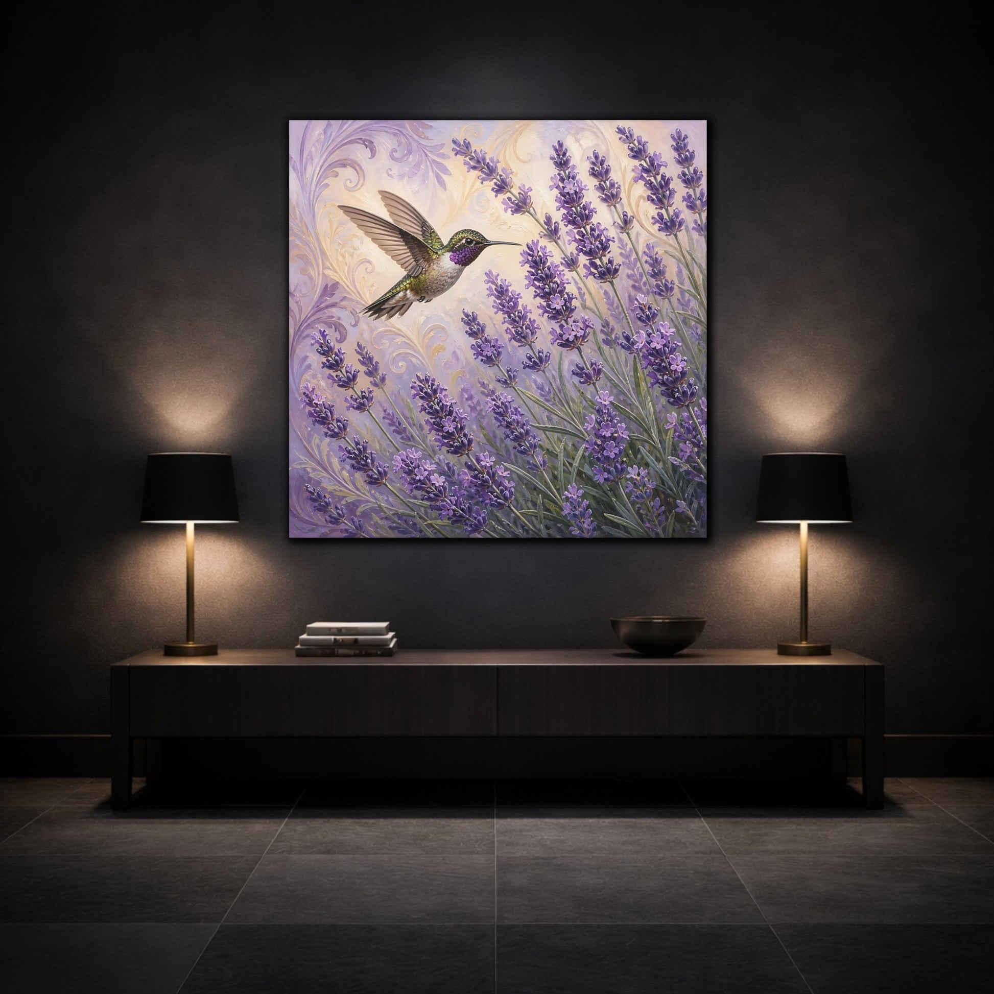 Mockup 3. Nature Hummingbird Lavender Purple Lavender Hummingbird shown as stretched canvas wall art