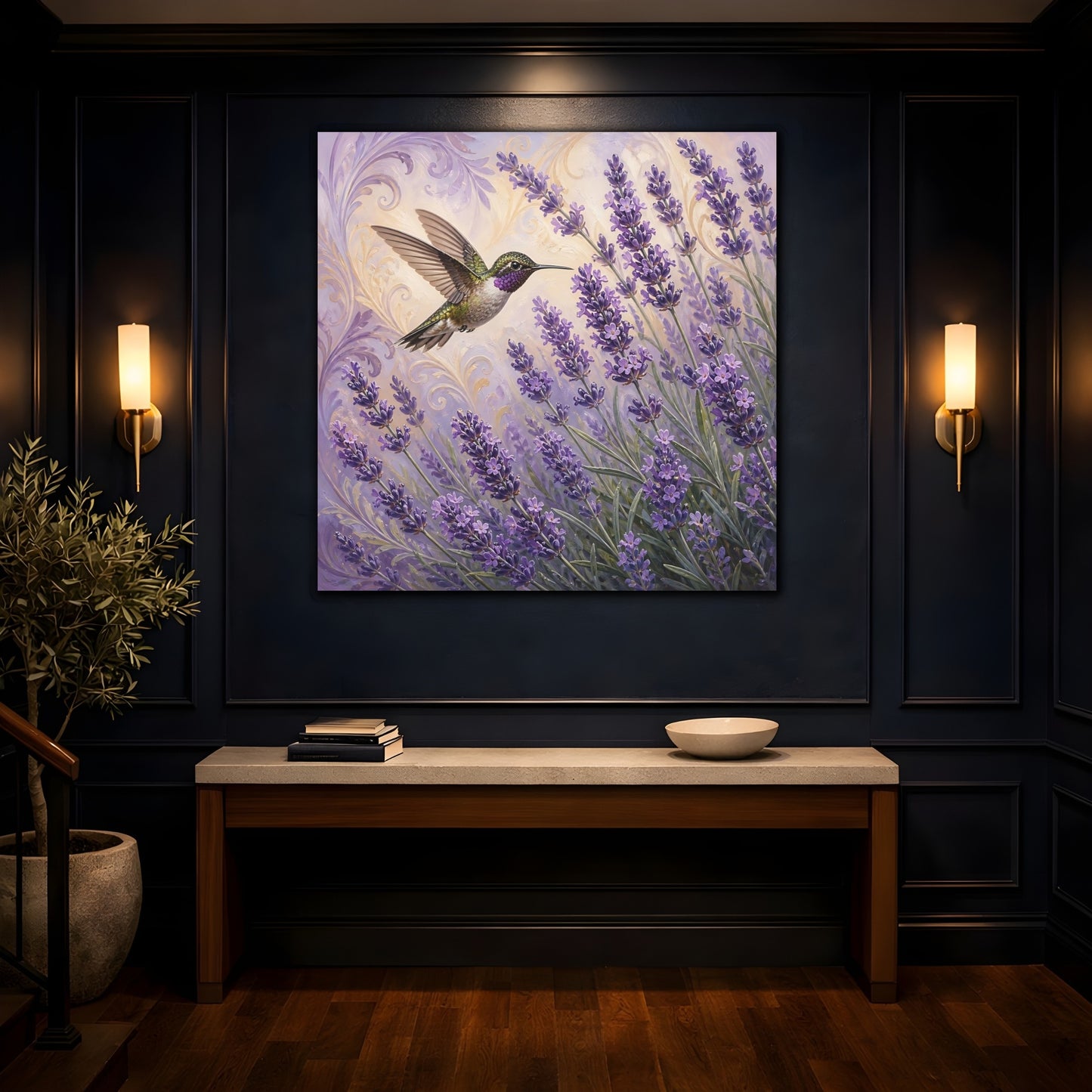 Mockup 4. Nature Hummingbird Lavender Purple Lavender Hummingbird shown as stretched canvas wall art