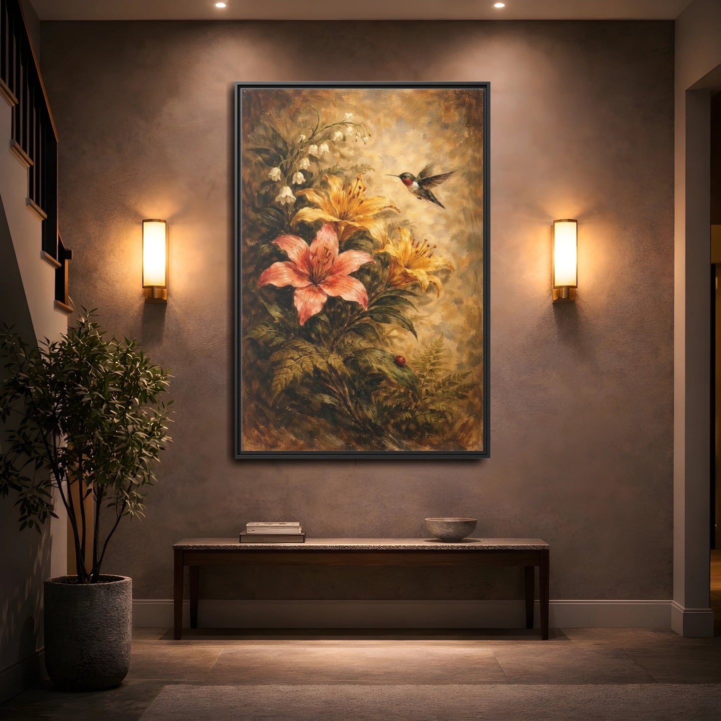 Nature Hummingbird Lilies Brown - Framed Canvas Wall Art Print - YesArtYes
