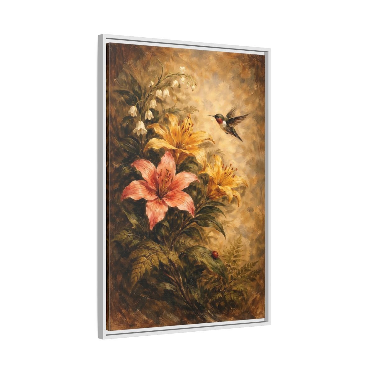 Nature Hummingbird Lilies Brown - Framed Canvas Wall Art Print - YesArtYes