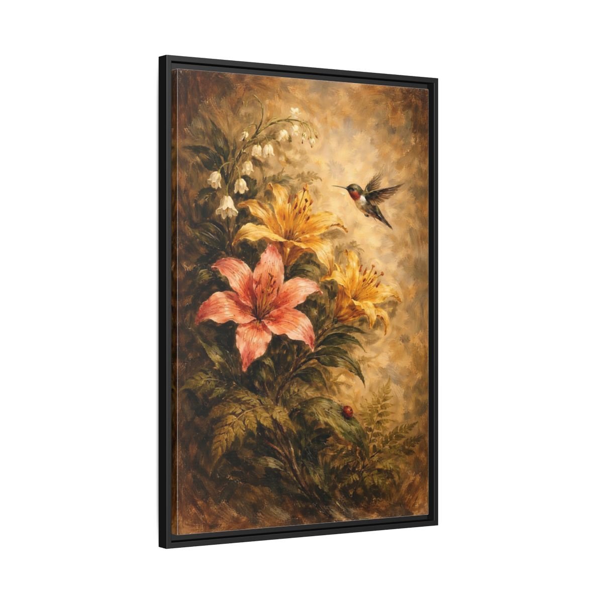 Nature Hummingbird Lilies Brown - Framed Canvas Wall Art Print - YesArtYes