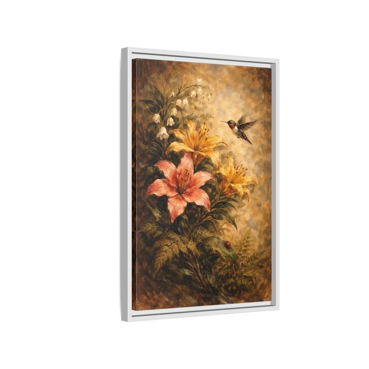 Nature Hummingbird Lilies Brown - Framed Canvas Wall Art Print - YesArtYes