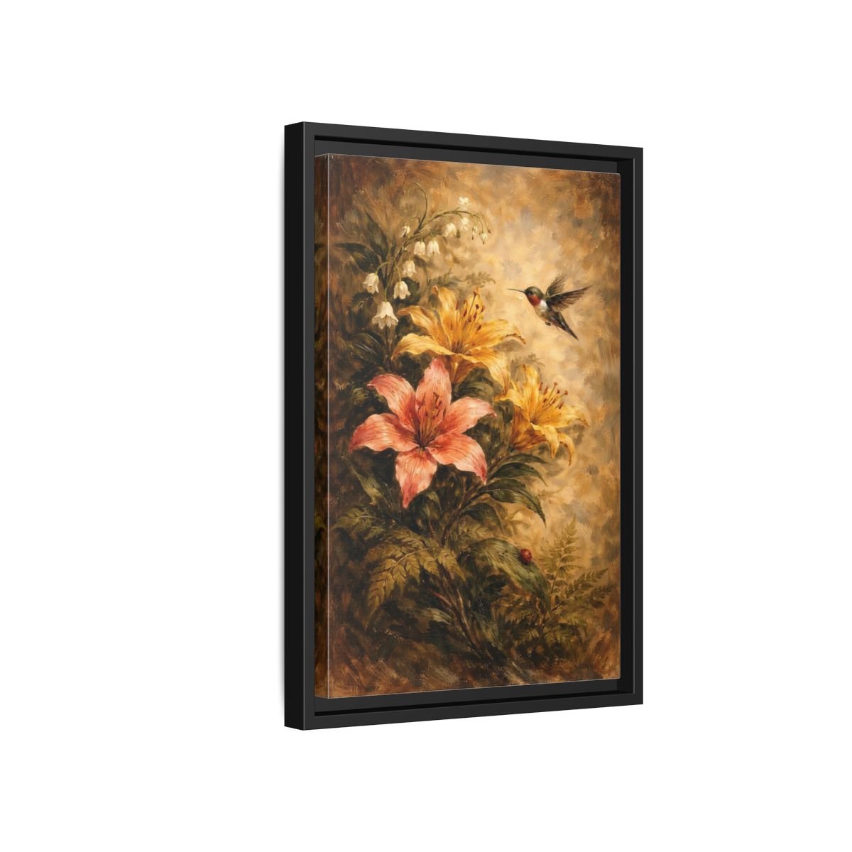 Nature Hummingbird Lilies Brown - Framed Canvas Wall Art Print - YesArtYes