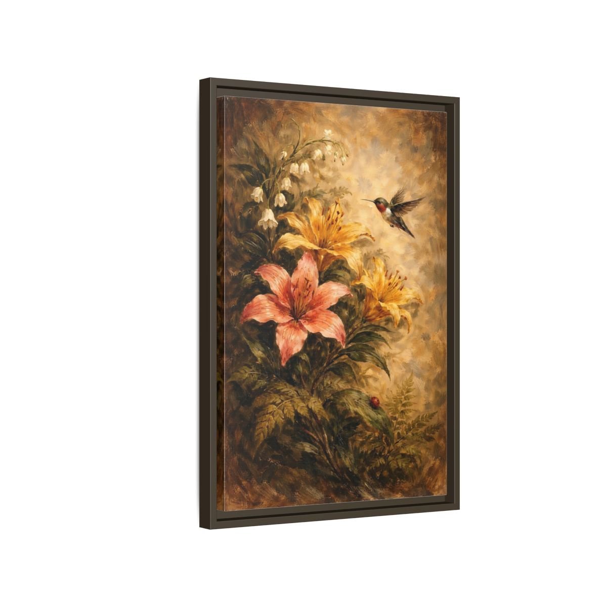 Nature Hummingbird Lilies Brown - Framed Canvas Wall Art Print - YesArtYes