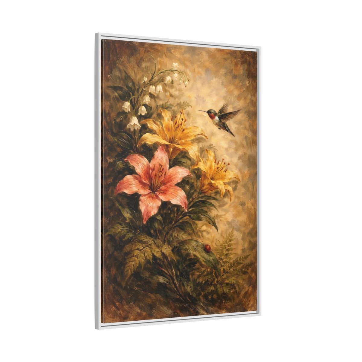 Nature Hummingbird Lilies Brown - Framed Canvas Wall Art Print - YesArtYes