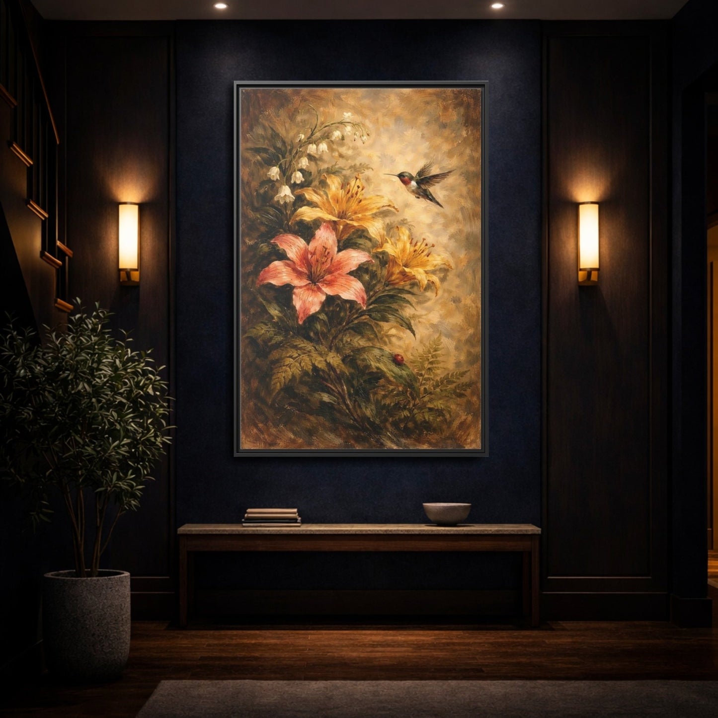 Nature Hummingbird Lilies Brown - Framed Canvas Wall Art Print - YesArtYes