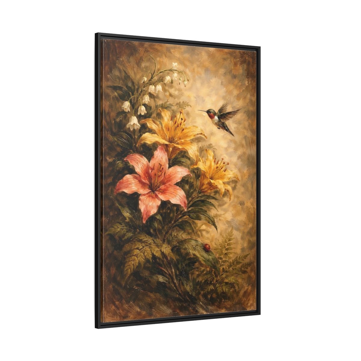 Nature Hummingbird Lilies Brown - Framed Canvas Wall Art Print - YesArtYes
