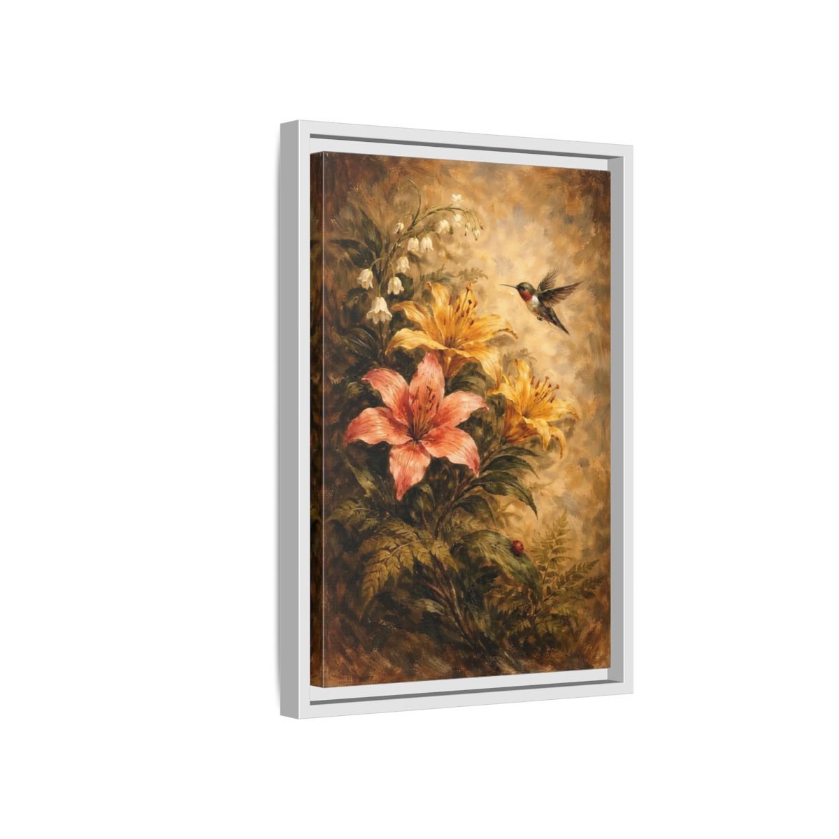 Nature Hummingbird Lilies Brown - Framed Canvas Wall Art Print - YesArtYes
