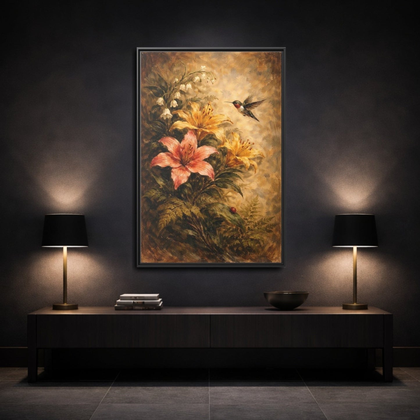 Nature Hummingbird Lilies Brown - Framed Canvas Wall Art Print - YesArtYes