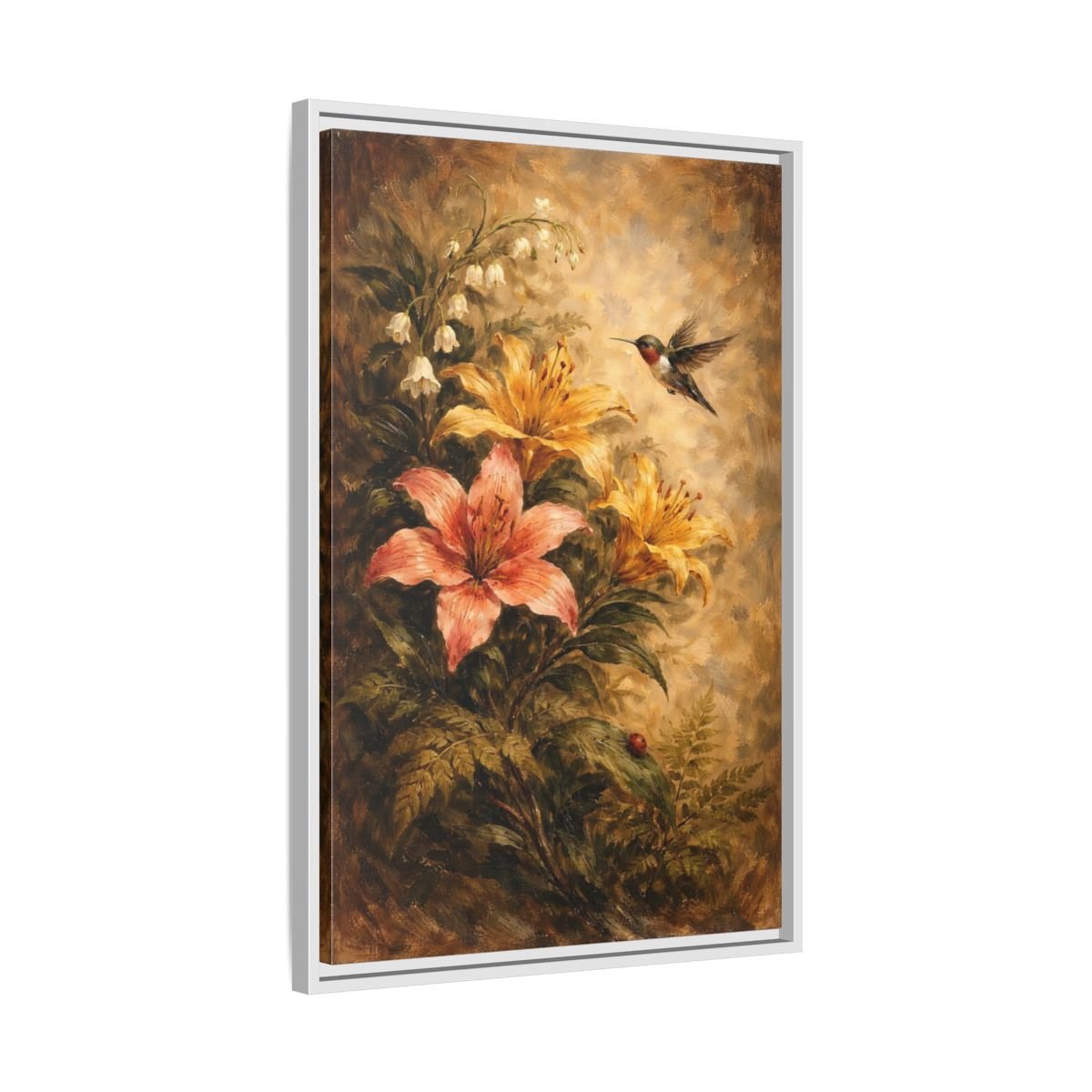 Nature Hummingbird Lilies Brown - Framed Canvas Wall Art Print - YesArtYes