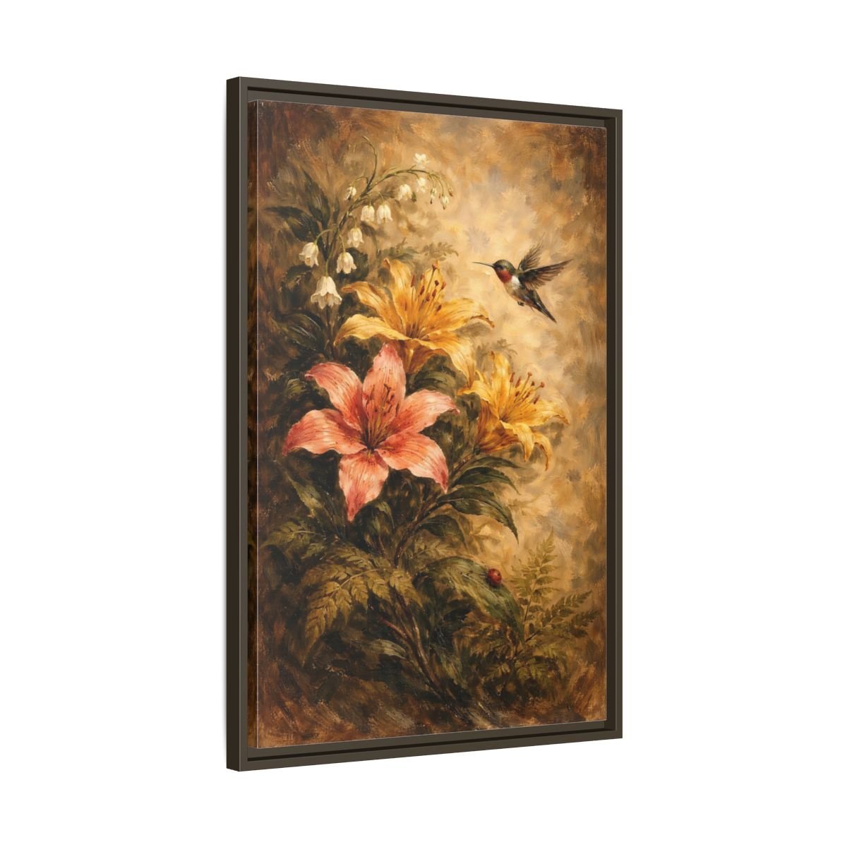 Nature Hummingbird Lilies Brown - Framed Canvas Wall Art Print - YesArtYes