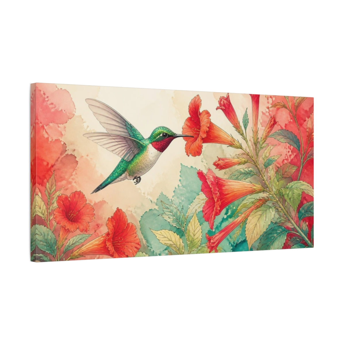 Side Mockup 1. Nature Hummingbird Trumpet Flower shown as canvas print