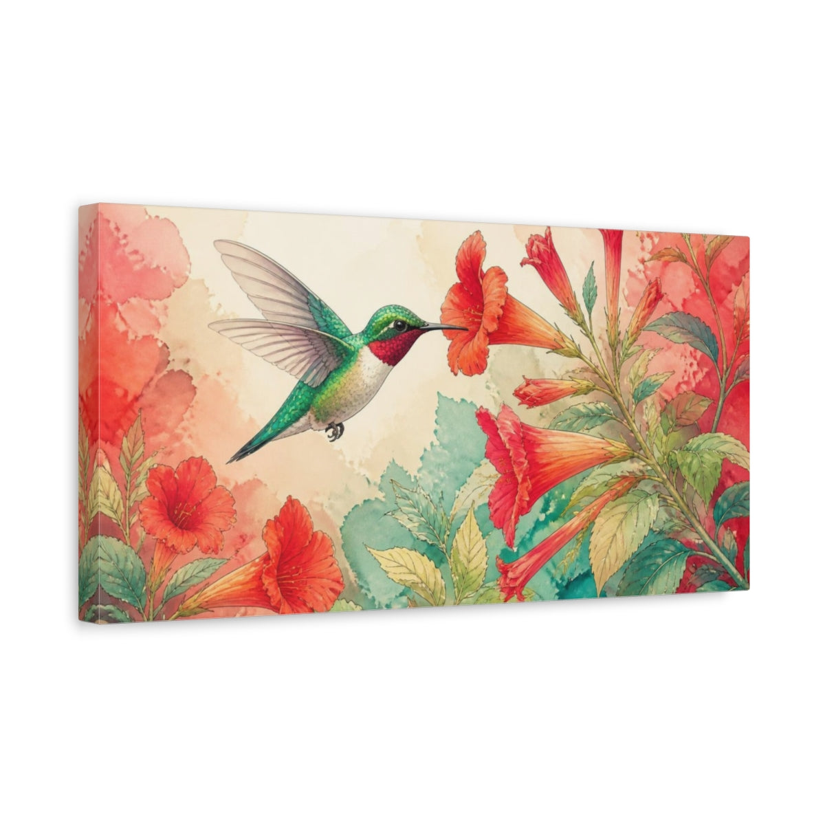 Side Mockup 3. Nature Hummingbird Trumpet Flower shown as canvas print