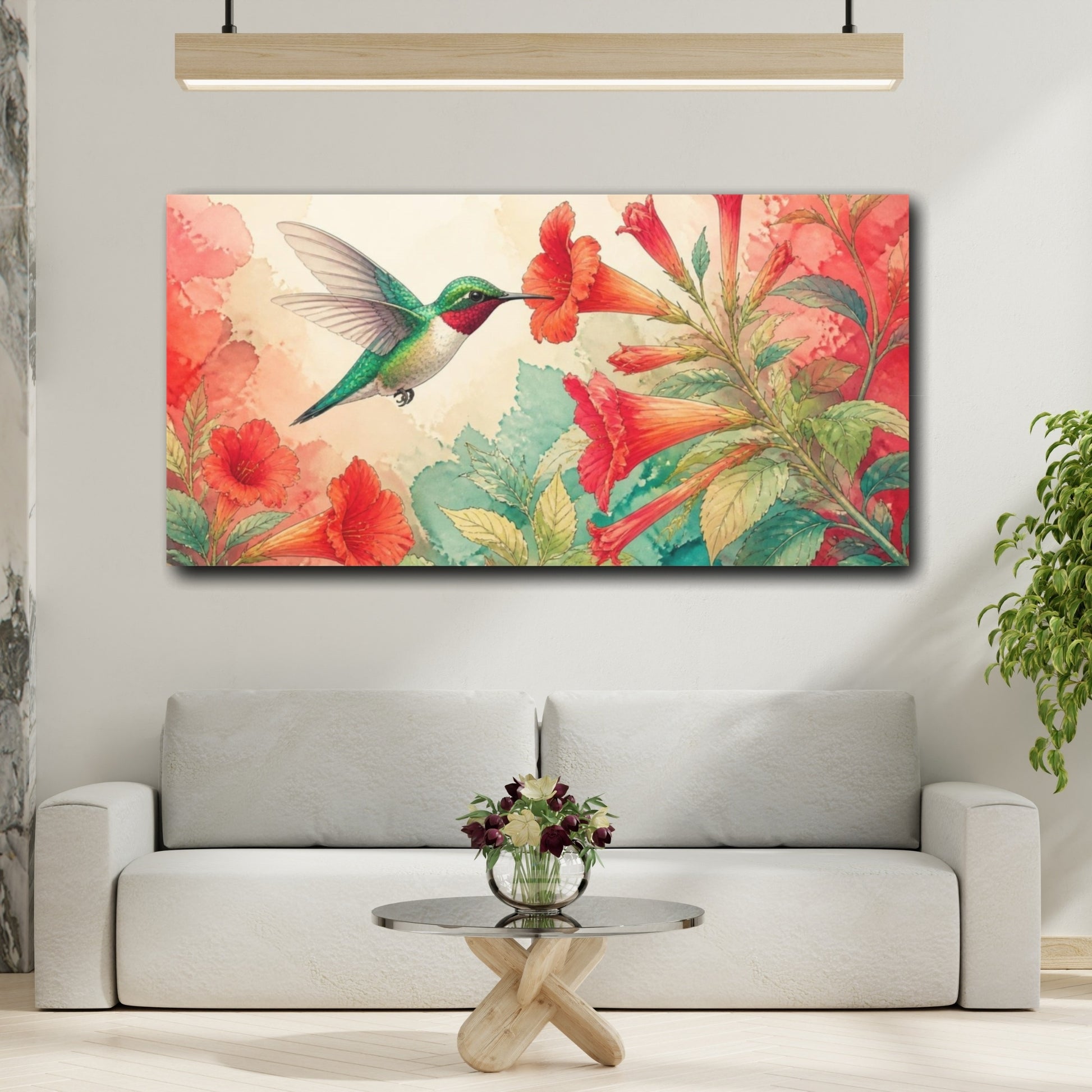 Mockup 2. Nature Hummingbird Trumpet Flower shown as canvas print