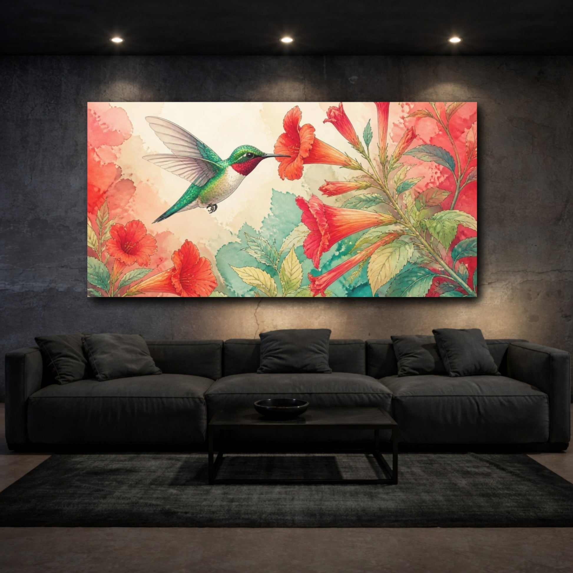 Mockup 3. Nature Hummingbird Trumpet Flower shown as canvas print