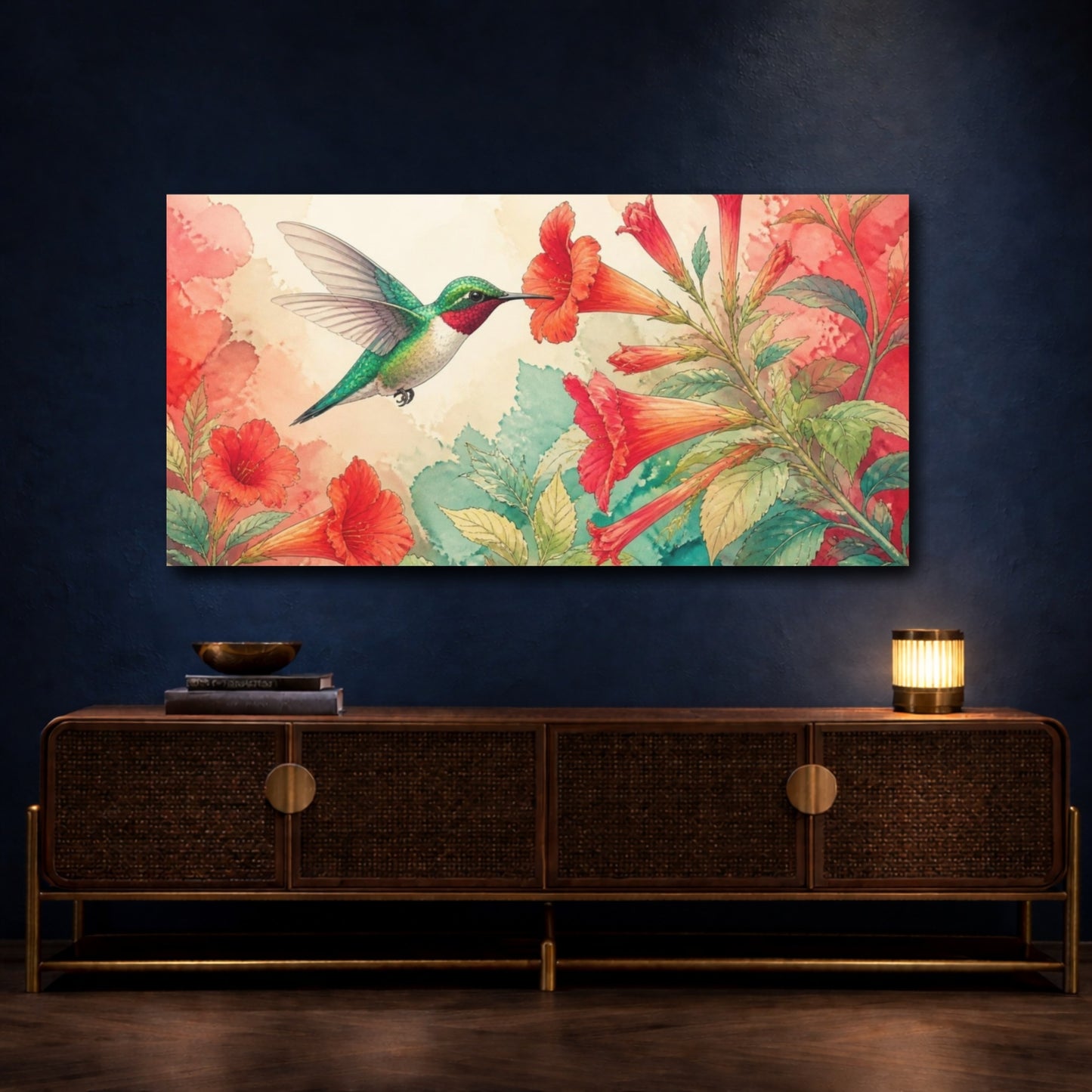 Mockup 4. Nature Hummingbird Trumpet Flower shown as canvas print