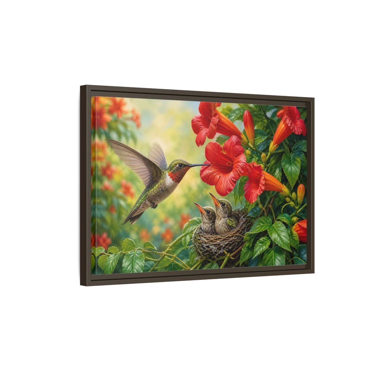 Side Mockup 2. Nature Hummingbirds Hummingbird Flowers shown as stretched canvas wall art