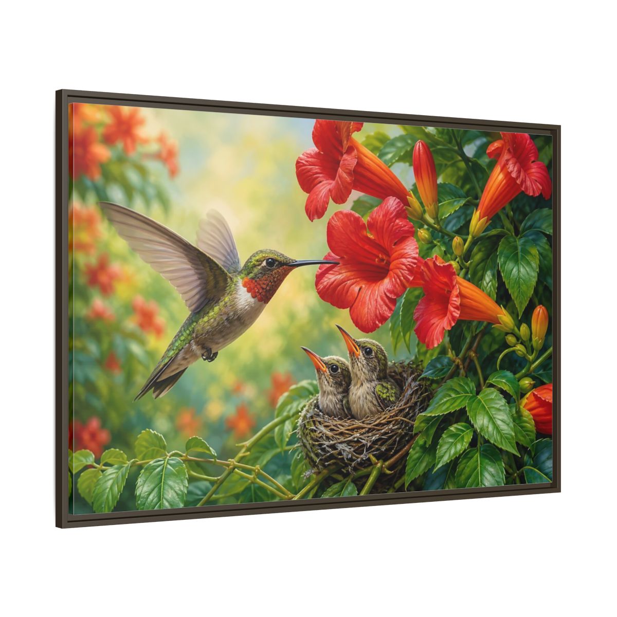 Side Mockup 8. Nature Hummingbirds Hummingbird Flowers shown as stretched canvas wall art