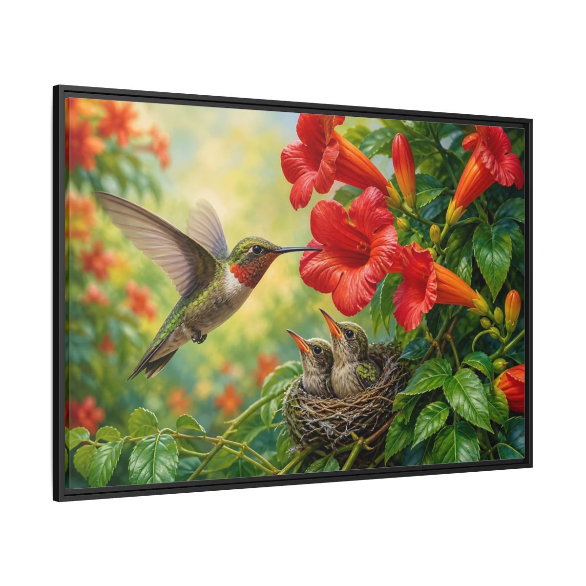 Side Mockup 12. Nature Hummingbirds Hummingbird Flowers shown as stretched canvas wall art