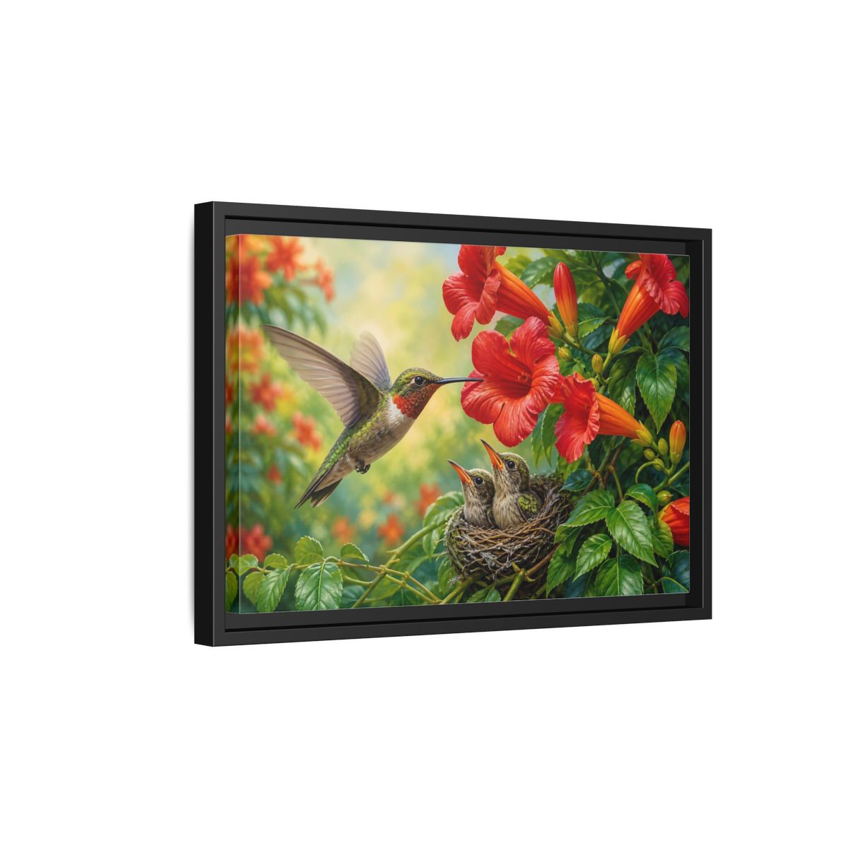 Side Mockup 6. Nature Hummingbirds Hummingbird Flowers shown as stretched canvas wall art