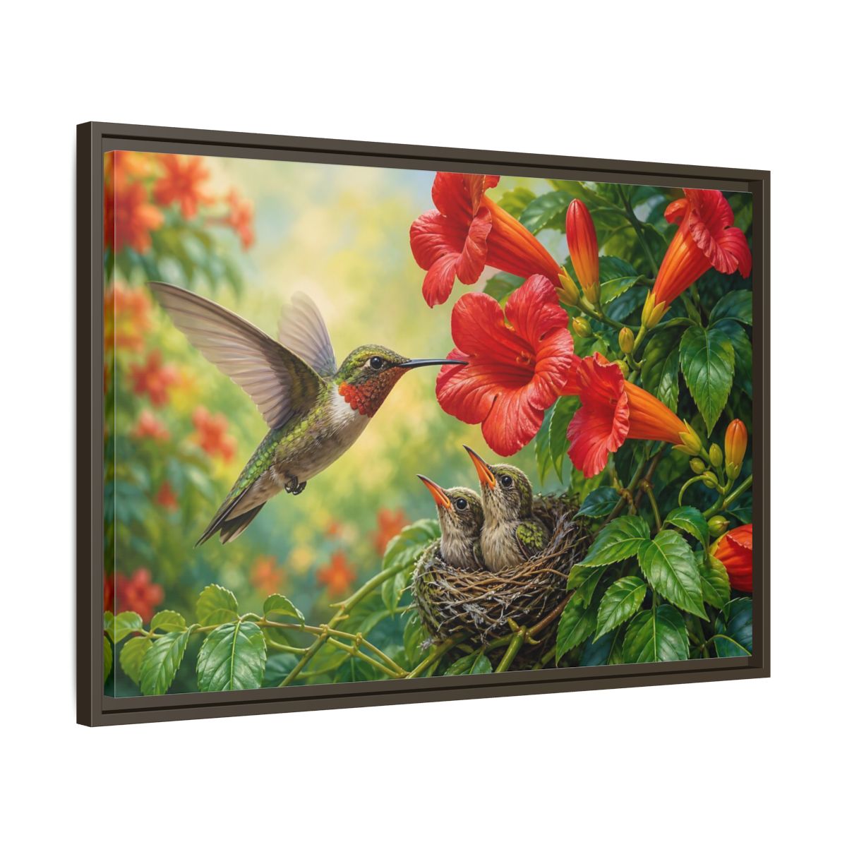 Side Mockup 11. Nature Hummingbirds Hummingbird Flowers shown as stretched canvas wall art