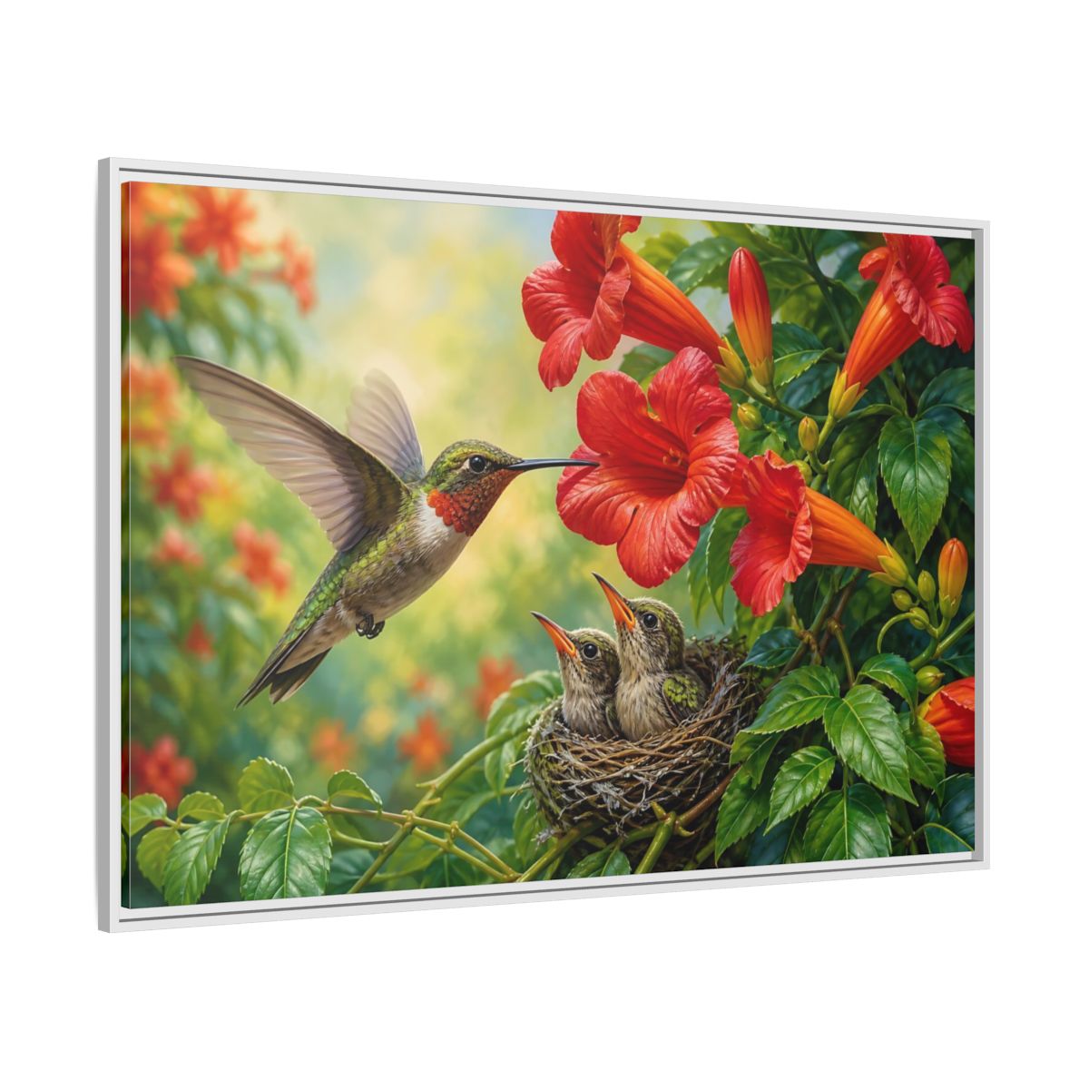 Side Mockup 7. Nature Hummingbirds Hummingbird Flowers shown as stretched canvas wall art